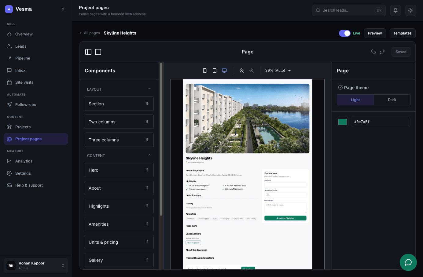 Page builder · Skyline Heights — A branded page for every project, with the AI on it