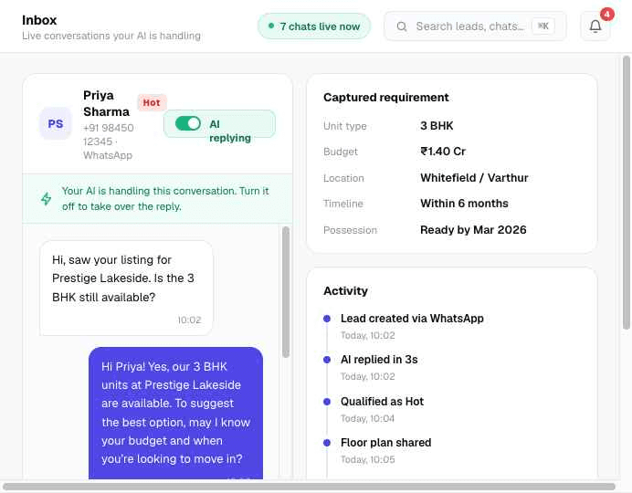Inbox · live conversation — Every enquiry answered in seconds